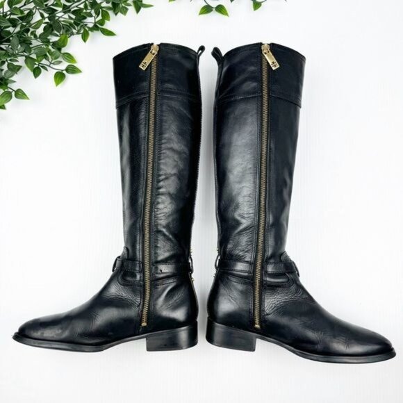 Tory Burch Calista Black Leather Logo Gold Tall Riding Boot Size 7 - Picture 8 of 11